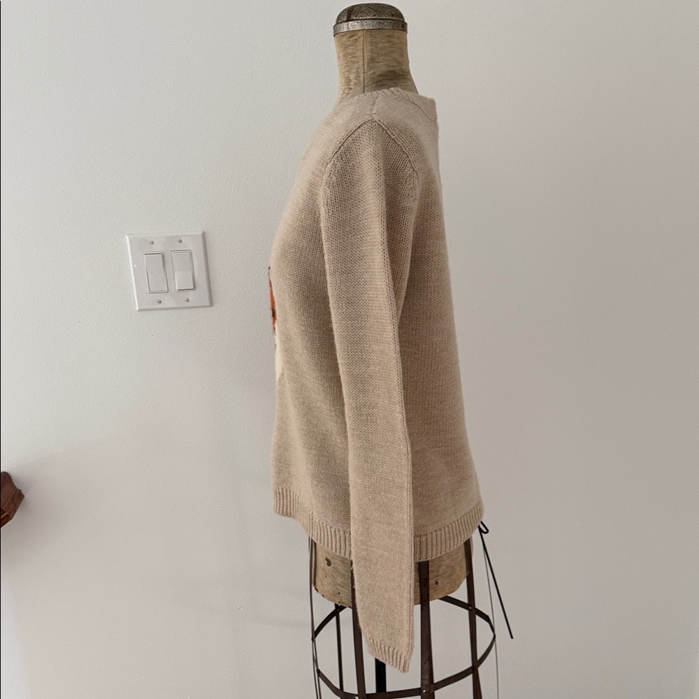 Garnet Hill Wool Blend Crewneck Sweater with Fox Intarsia- Warm Rust/Cream XS - Picture 5 of 13